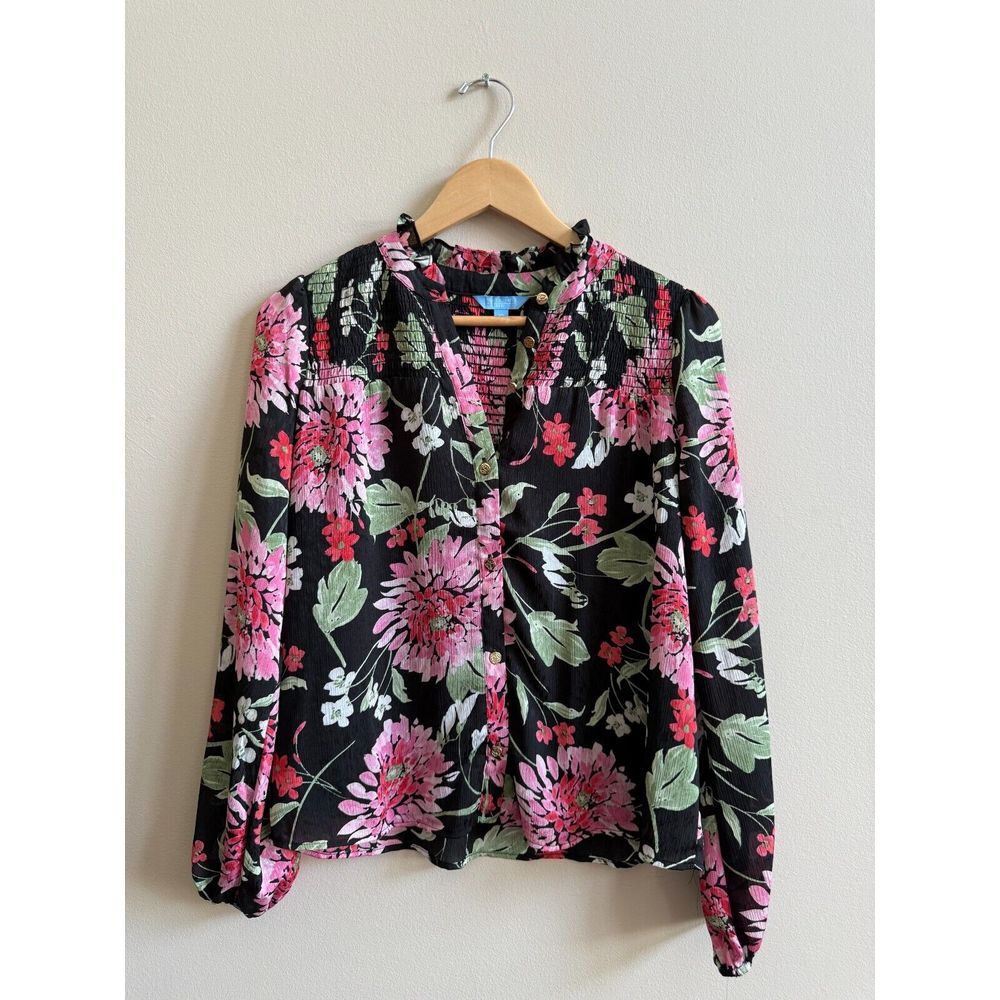 Draper James Long Sleeve Smocked Button Up Floral Lined Blouse Women's Size XS